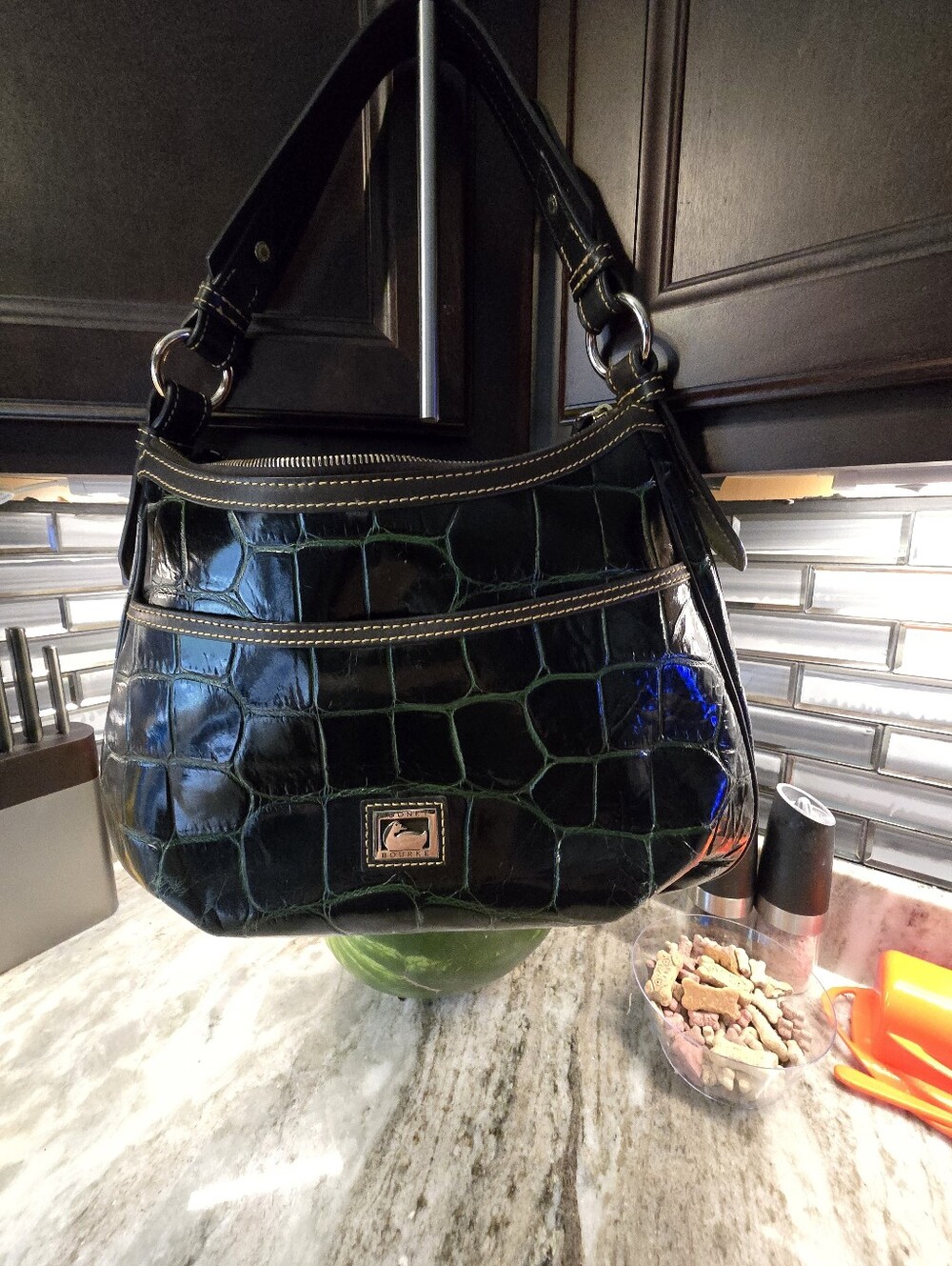 Dooney & Bourke Black and Green Croc-Embossed Hobo - Picture 2 of 10